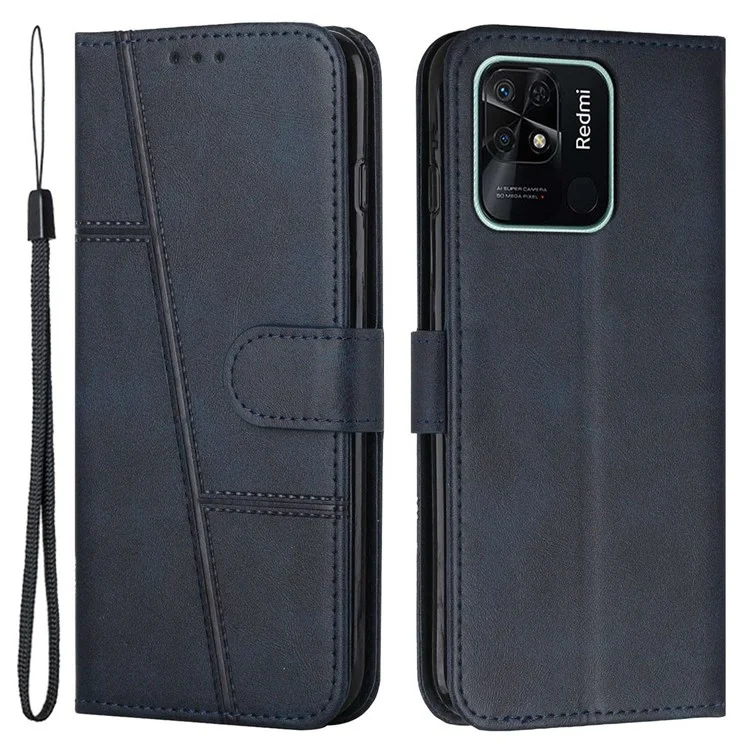 For Xiaomi Redmi 10C 4G Stitching PU Leather Wallet Case Magnetic Closure Full Protection Book Design Stand Cover with Strap - Black-Cellmalls