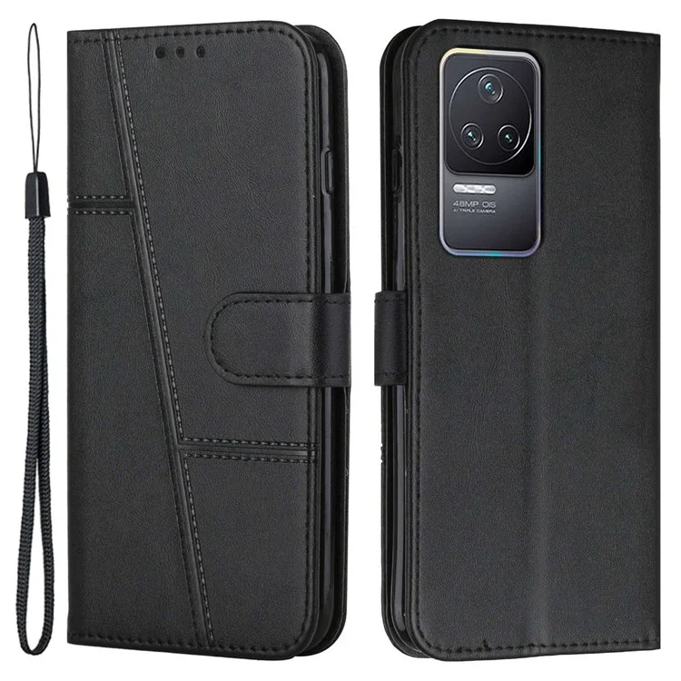 For Xiaomi Redmi K50 Pro/K50 Fashionable Cell Phone Case PU Leather Stitching Wallet Magnetic Closure Shockproof Folding Stand Phone Cover with Strap - Black-Cellmalls
