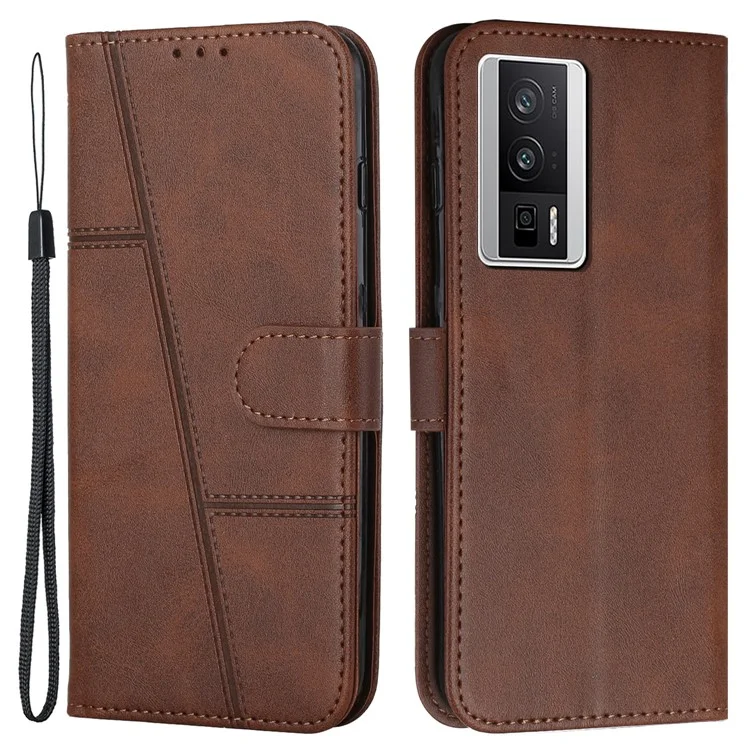 For Xiaomi Poco F5 Pro 5G / Redmi K60 Pro 5G / K60 5G Protective Phone Cover Stand Wallet Leather Cell Phone Case with Strap - Brown-Cellmalls