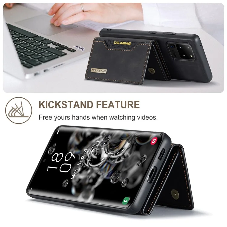 DG.MING M2 Series Tri-Fold Wallet Kickstand Design Magnetic Detachable Wireless Charging Hybrid Case for Samsung Galaxy S20 Ultra - Black-Cellmalls