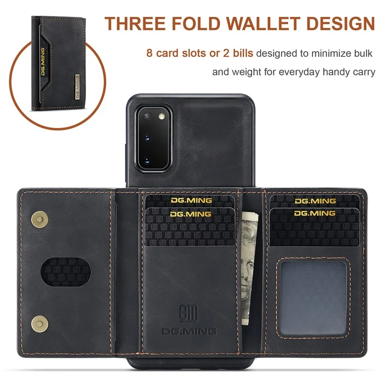 DG.MING M2 Series Wireless Charging Detachable Wallet 2-in-1 Shockproof Hybrid Phone Cover Shell with Horizontal-Viewing Kickstand for Samsung Galaxy S20 4G/S20 5G - Black-Cellmalls