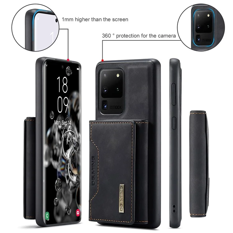 DG.MING M2 Series Tri-Fold Wallet Kickstand Design Magnetic Detachable Wireless Charging Hybrid Case for Samsung Galaxy S20 Ultra - Black-Cellmalls