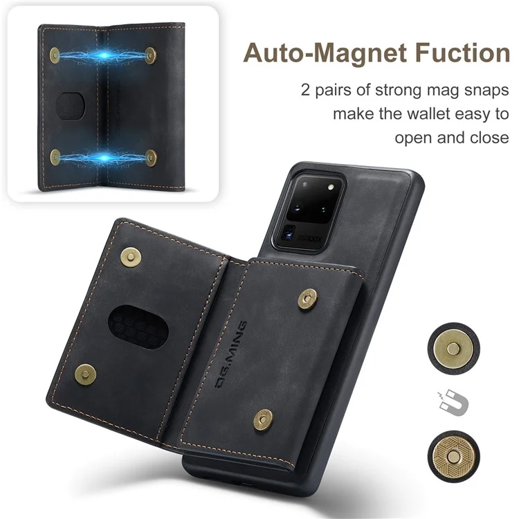 DG.MING M2 Series Tri-Fold Wallet Kickstand Design Magnetic Detachable Wireless Charging Hybrid Case for Samsung Galaxy S20 Ultra - Black-Cellmalls