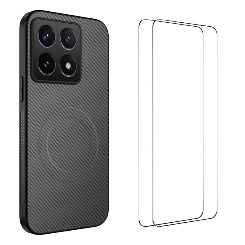 For Xiaomi 14T Magnetic Case WANLONFENG TQ1 Series Carbon Fiber Texture PC TPU Phone Cover with 2Pcs Screen Films - Black-Cellmalls
