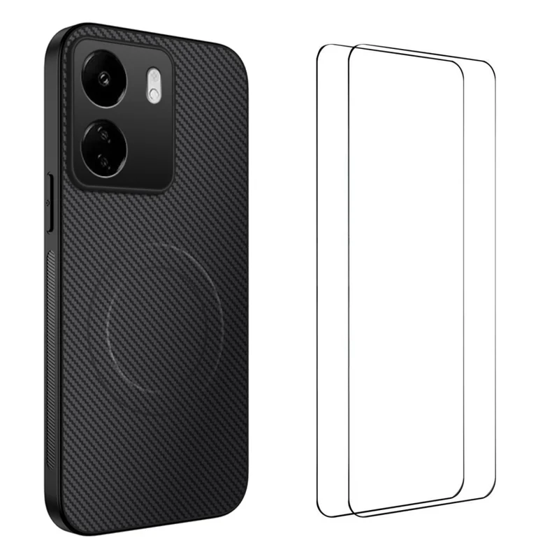For Xiaomi Redmi 13C 4G Magnetic Case WANLONFENG TQ1 Series Carbon Fiber Texture PC TPU Phone Cover with 2Pcs Screen Films - Black-Cellmalls