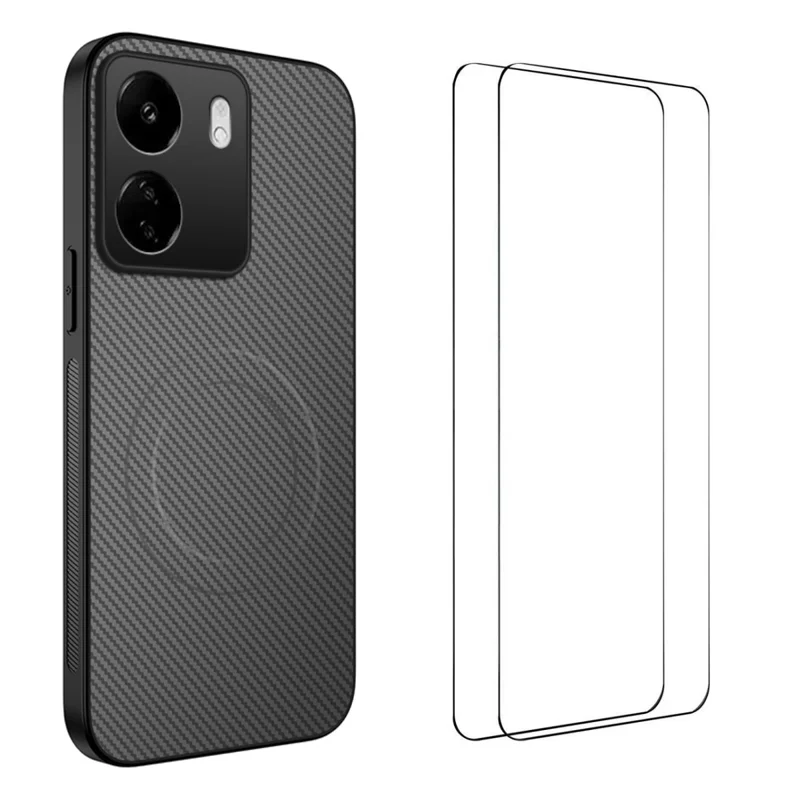For Xiaomi Redmi 13C 4G Magnetic Case WANLONFENG TQ1 Series Carbon Fiber Texture PC TPU Phone Cover with 2Pcs Screen Films - Black-Cellmalls