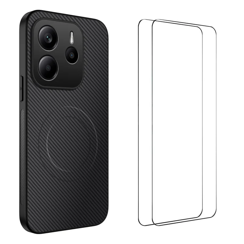 For Xiaomi Redmi Note 14 5G Magnetic Case WANLONFENG TQ1 Series Carbon Fiber Texture PC TPU Phone Cover with 2Pcs Screen Films - Black-Cellmalls