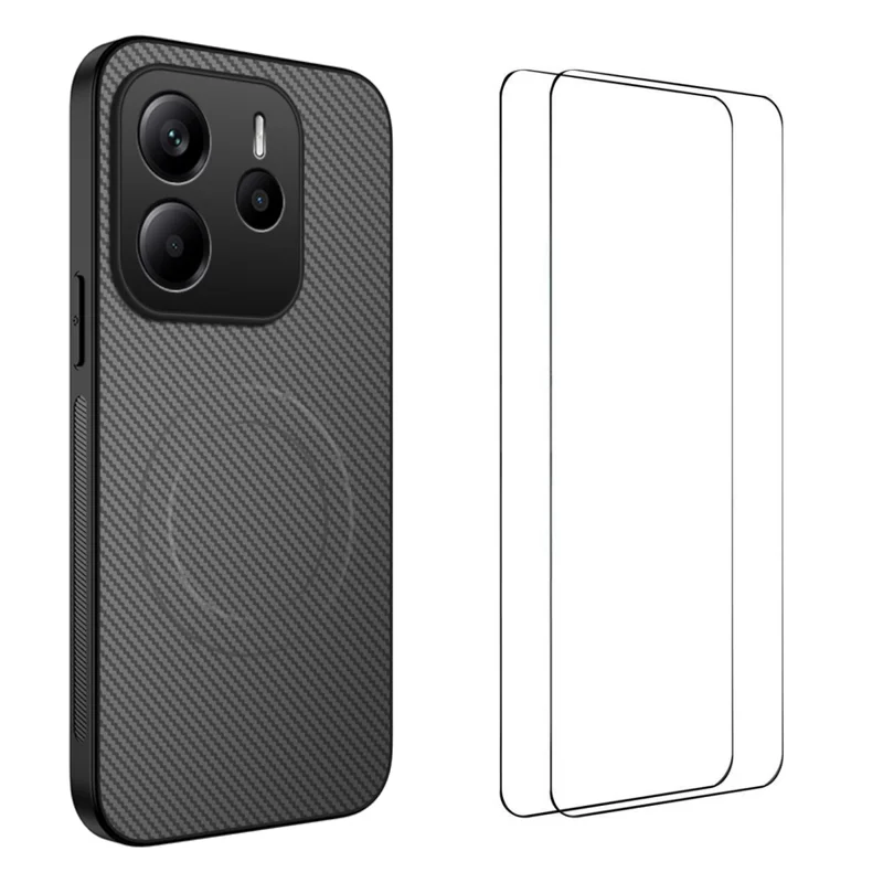 For Xiaomi Redmi Note 14 5G Magnetic Case WANLONFENG TQ1 Series Carbon Fiber Texture PC TPU Phone Cover with 2Pcs Screen Films - Black-Cellmalls