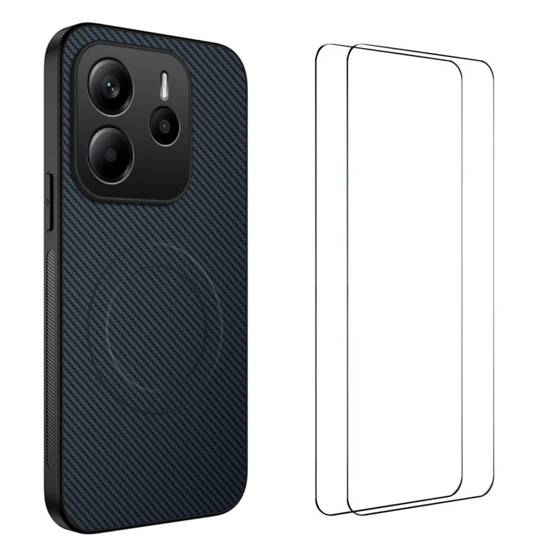 For Xiaomi Redmi Note 14 5G Magnetic Case WANLONFENG TQ1 Series Carbon Fiber Texture PC TPU Phone Cover with 2Pcs Screen Films - Black-Cellmalls