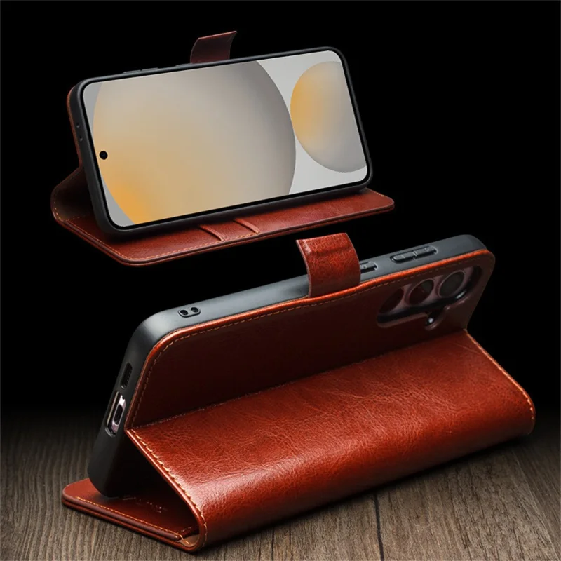 QIALINO For Samsung Galaxy S24 FE Case with Card Holder Genuine Cow Leather Stand Phone Cover - Brown-Cellmalls