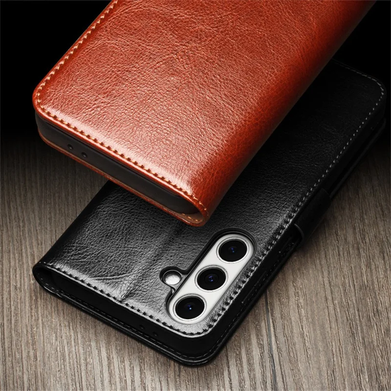 QIALINO For Samsung Galaxy S24 FE Case with Card Holder Genuine Cow Leather Stand Phone Cover - Brown-Cellmalls