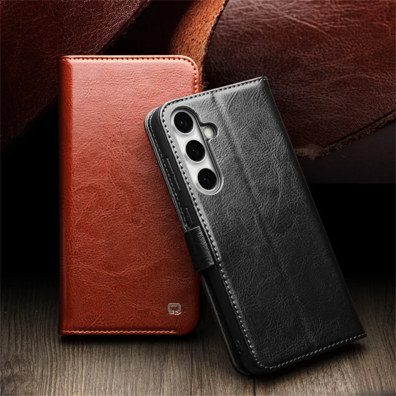 QIALINO For Samsung Galaxy S24 FE Case with Card Holder Genuine Cow Leather Stand Phone Cover - Brown-Cellmalls