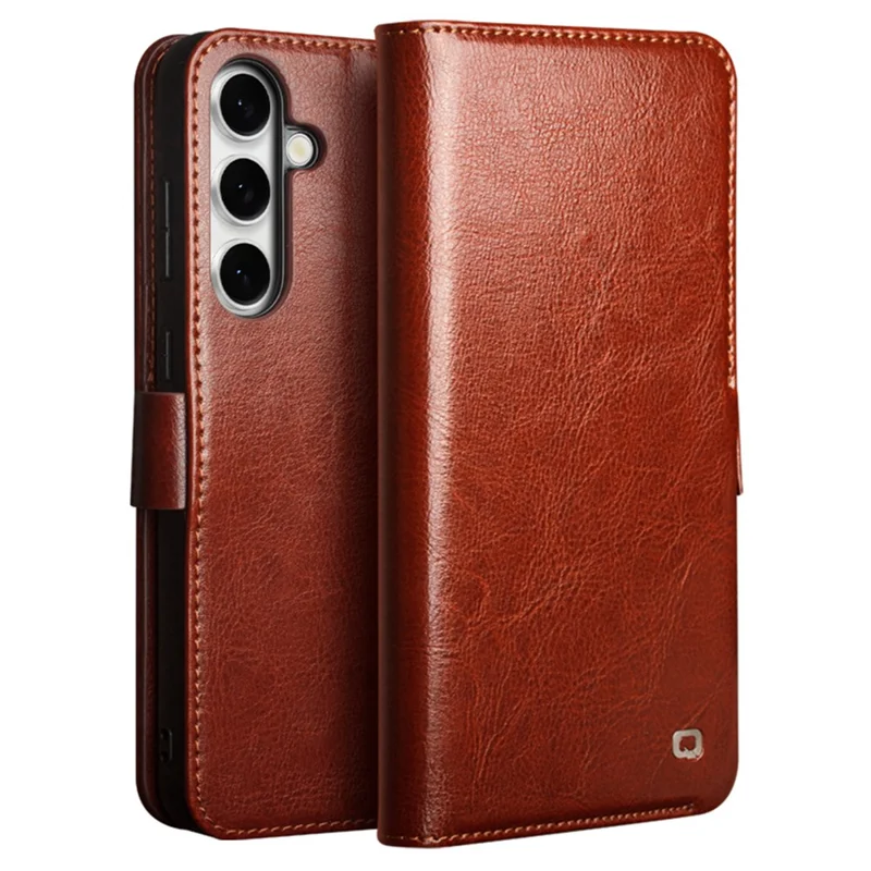 QIALINO For Samsung Galaxy S24 FE Case with Card Holder Genuine Cow Leather Stand Phone Cover - Brown-Cellmalls