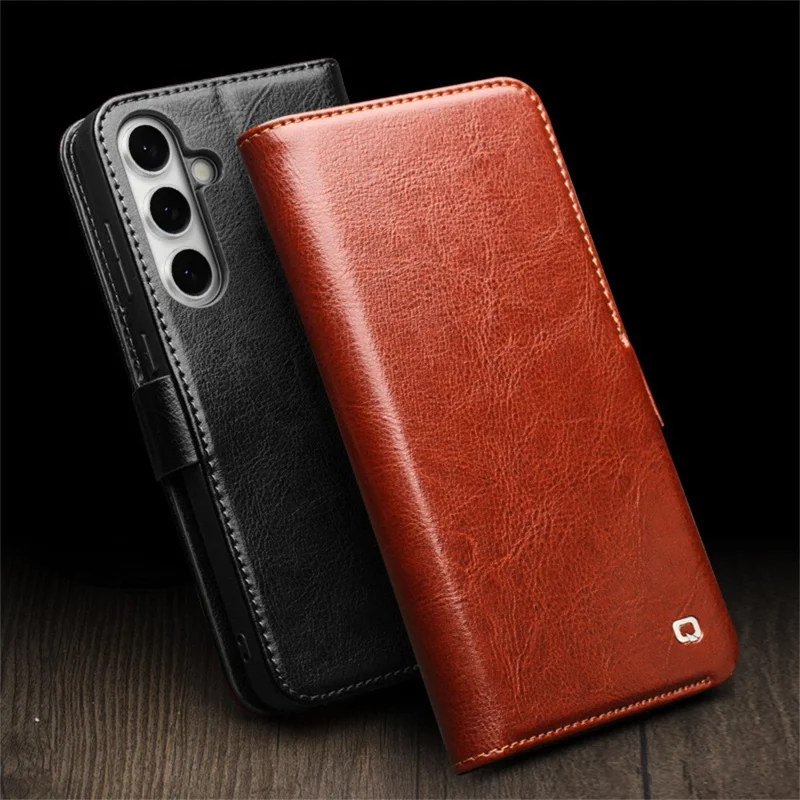 QIALINO For Samsung Galaxy S24 FE Case with Card Holder Genuine Cow Leather Stand Phone Cover - Brown-Cellmalls