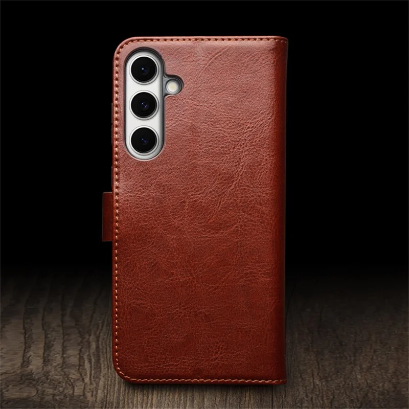 QIALINO For Samsung Galaxy S24 FE Case with Card Holder Genuine Cow Leather Stand Phone Cover - Brown-Cellmalls
