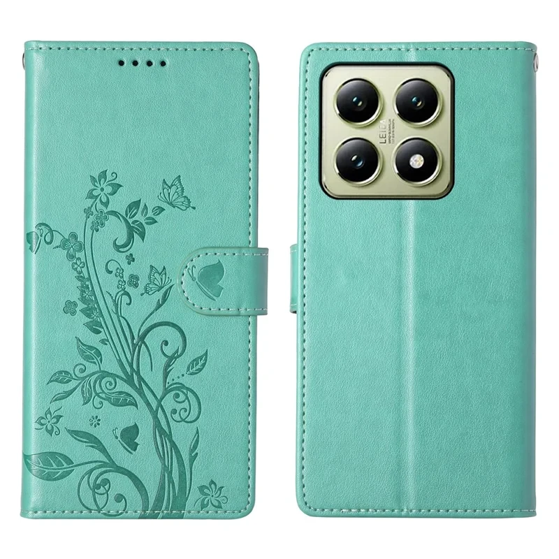 For Xiaomi 14T Wallet Case Butterfly Floral Imprint PU Leather Phone Cover with Wrist Strap - Green-Cellmalls