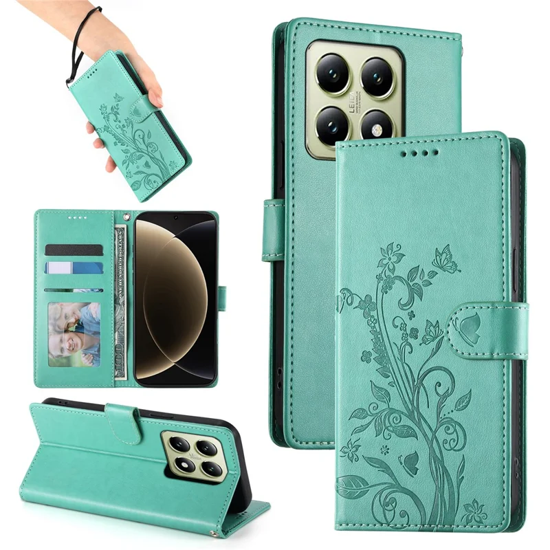 For Xiaomi 14T Wallet Case Butterfly Floral Imprint PU Leather Phone Cover with Wrist Strap - Green-Cellmalls