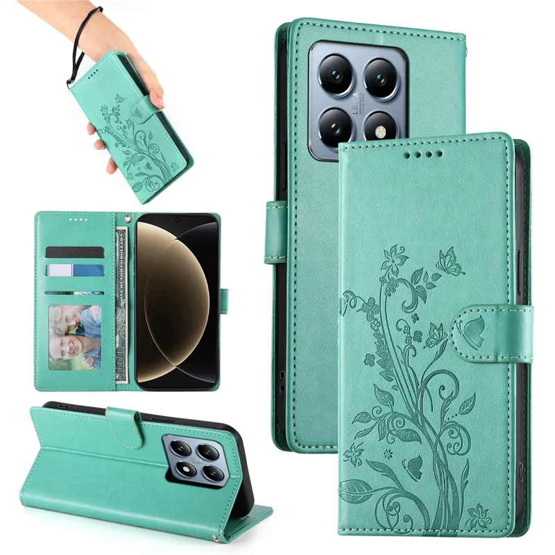 For Xiaomi 14T Pro Wallet Case Butterfly Floral Imprint PU Leather Phone Cover with Wrist Strap - Green-Cellmalls