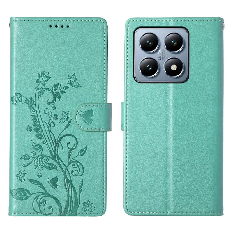 For Xiaomi 14T Pro Wallet Case Butterfly Floral Imprint PU Leather Phone Cover with Wrist Strap - Green-Cellmalls