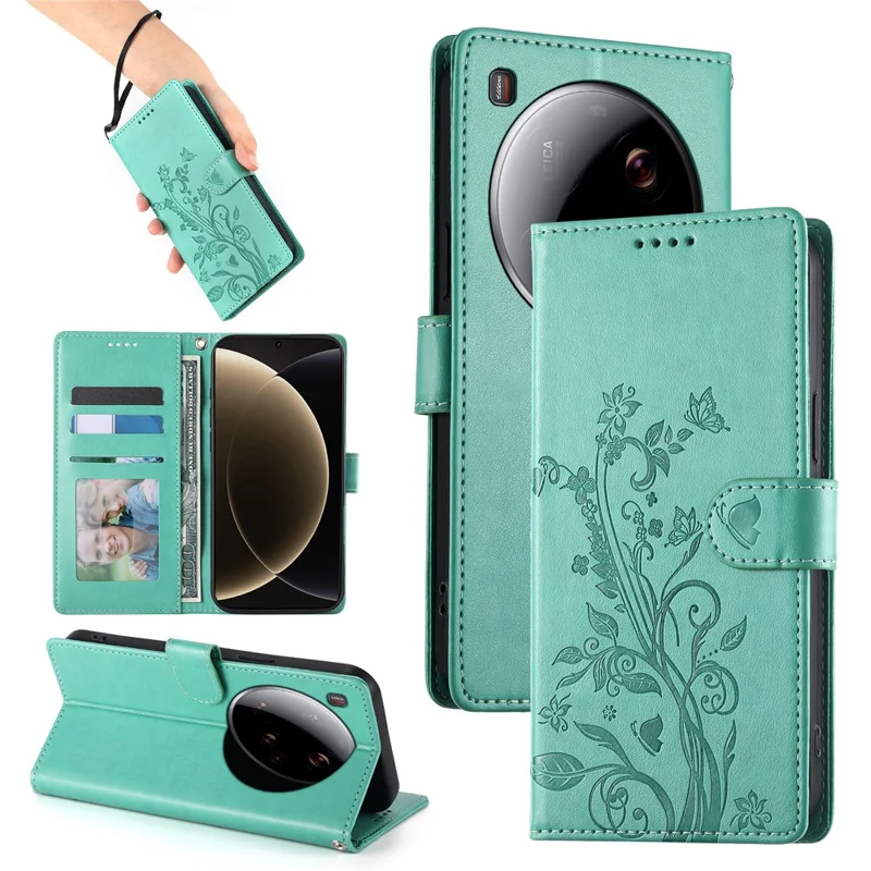 For Xiaomi 15 Ultra Wallet Case Butterfly Floral Imprint PU Leather Phone Cover with Wrist Strap - Green-Cellmalls