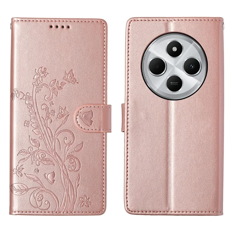 Wallet Case For Xiaomi Poco C75 4G  /  Redmi 14R 5G  /  14C 4G Butterfly Floral Imprint PU Leather Phone Cover with Wrist Strap - Green-Cellmalls
