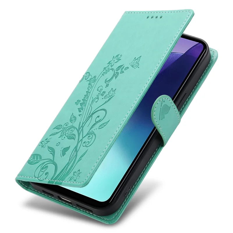 Wallet Case For Xiaomi Poco C75 4G  /  Redmi 14R 5G  /  14C 4G Butterfly Floral Imprint PU Leather Phone Cover with Wrist Strap - Green-Cellmalls