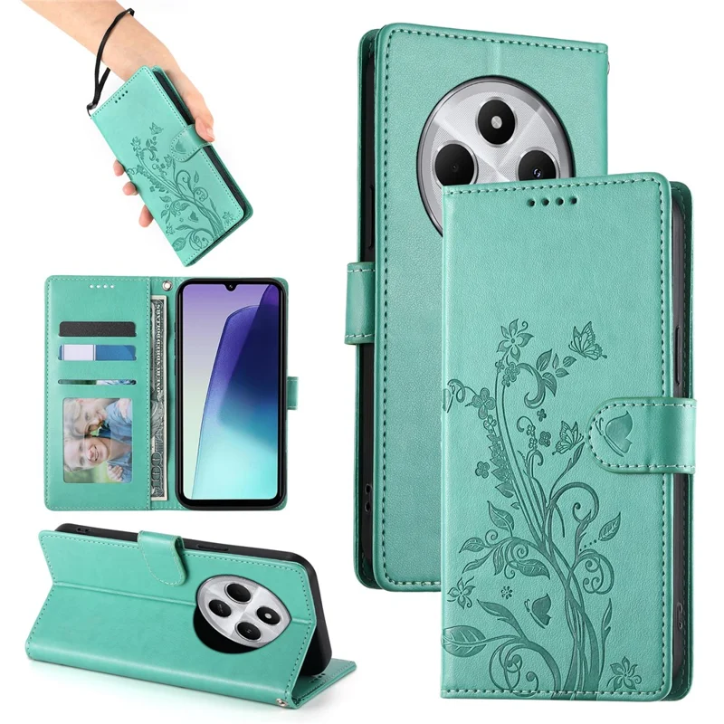 Wallet Case For Xiaomi Poco C75 4G  /  Redmi 14R 5G  /  14C 4G Butterfly Floral Imprint PU Leather Phone Cover with Wrist Strap - Green-Cellmalls