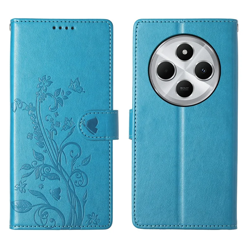 Wallet Case For Xiaomi Poco C75 4G  /  Redmi 14R 5G  /  14C 4G Butterfly Floral Imprint PU Leather Phone Cover with Wrist Strap - Green-Cellmalls