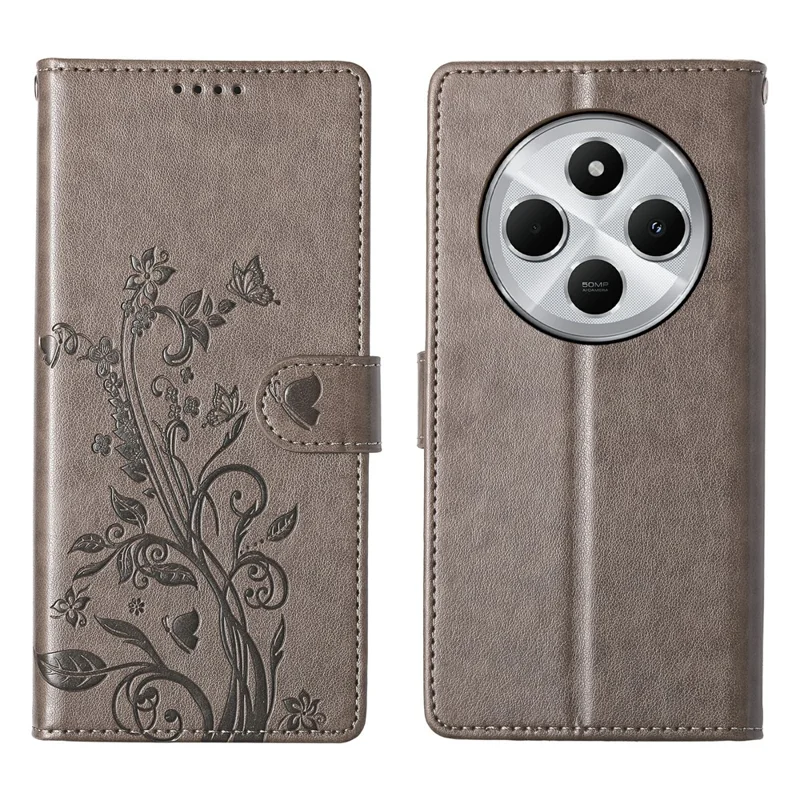 Wallet Case For Xiaomi Poco C75 4G  /  Redmi 14R 5G  /  14C 4G Butterfly Floral Imprint PU Leather Phone Cover with Wrist Strap - Green-Cellmalls