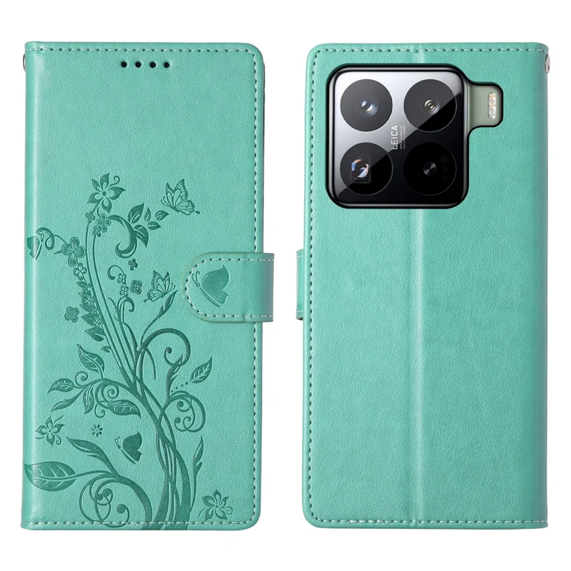 For Xiaomi 15 Pro Wallet Case Butterfly Floral Imprint PU Leather Phone Cover with Wrist Strap - Green-Cellmalls