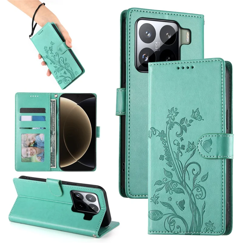 For Xiaomi 15 Pro Wallet Case Butterfly Floral Imprint PU Leather Phone Cover with Wrist Strap - Green-Cellmalls