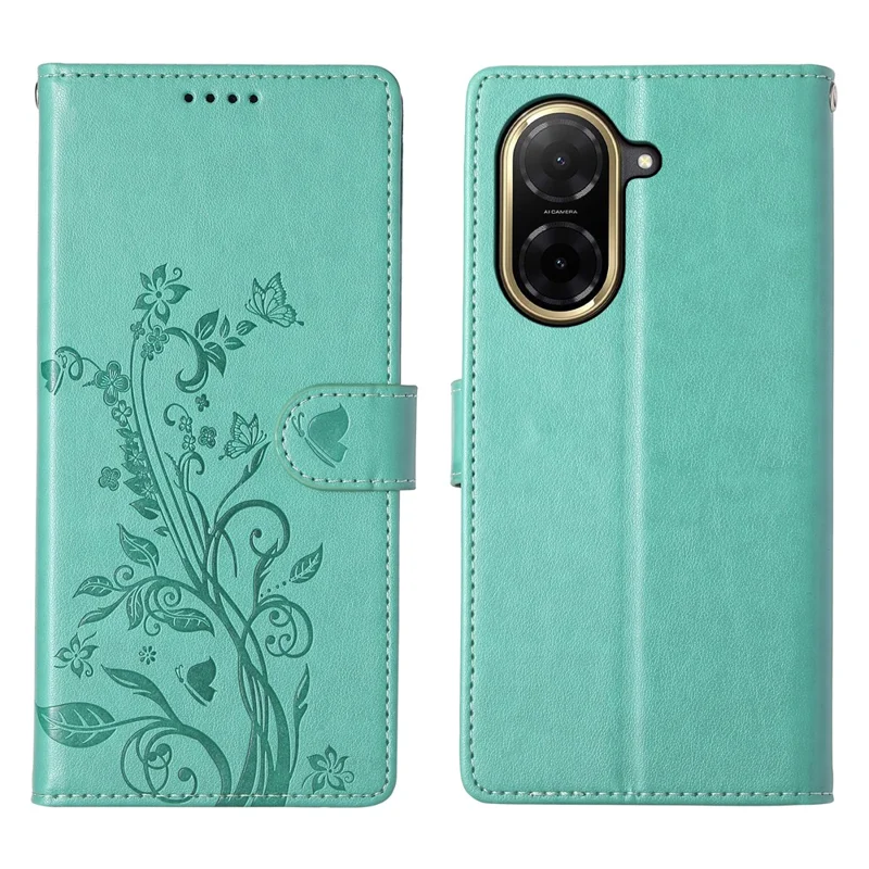 For Xiaomi Redmi A5 4G (171.7mm)  /  Poco C71 4G Wallet Case Butterfly Floral Imprint PU Leather Phone Cover with Wrist Strap - Green-Cellmalls