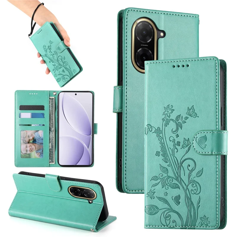 For Xiaomi Redmi A5 4G (171.7mm)  /  Poco C71 4G Wallet Case Butterfly Floral Imprint PU Leather Phone Cover with Wrist Strap - Green-Cellmalls