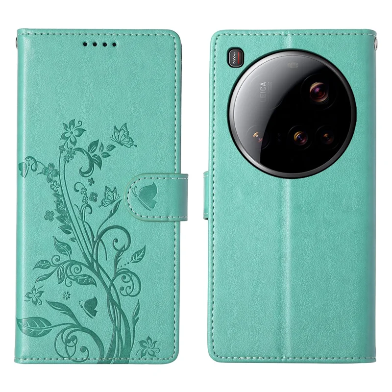For Xiaomi 15 Ultra Wallet Case Butterfly Floral Imprint PU Leather Phone Cover with Wrist Strap - Green-Cellmalls