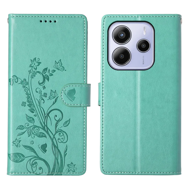 For Xiaomi Redmi Note 14 4G (163.25mm) Wallet Case Butterfly Floral Imprint PU Leather Phone Cover with Wrist Strap - Green-Cellmalls