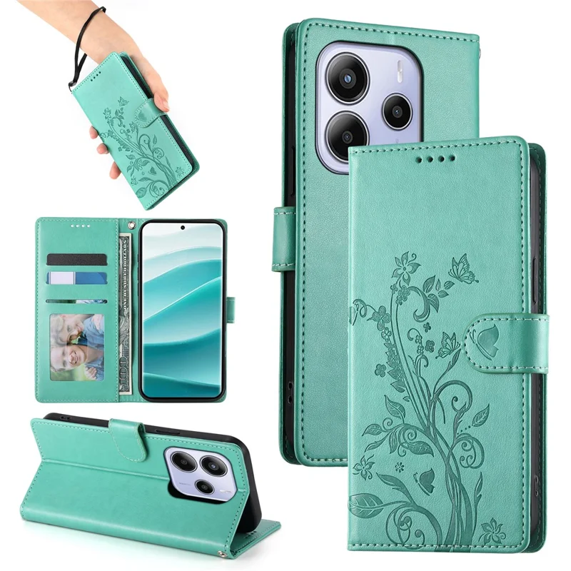 For Xiaomi Redmi Note 14 4G (163.25mm) Wallet Case Butterfly Floral Imprint PU Leather Phone Cover with Wrist Strap - Green-Cellmalls