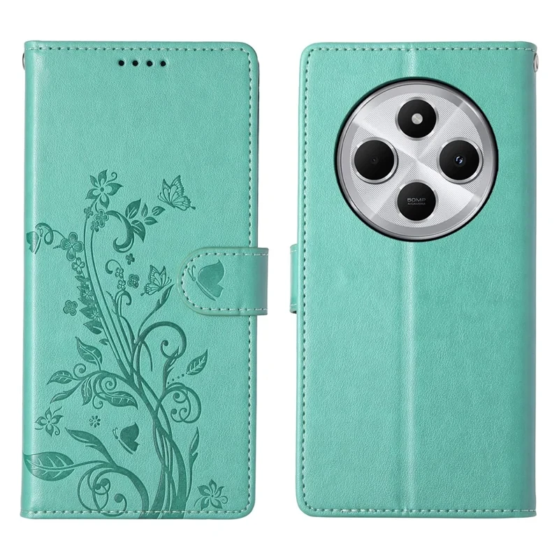 Wallet Case For Xiaomi Poco C75 4G  /  Redmi 14R 5G  /  14C 4G Butterfly Floral Imprint PU Leather Phone Cover with Wrist Strap - Green-Cellmalls