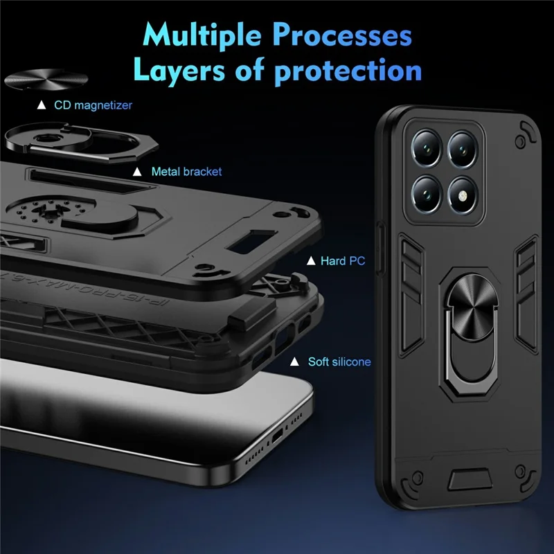 For Xiaomi 14T Pro Case PC+TPU Drop Defend Phone Cover with Ring Kickstand - Black-Cellmalls