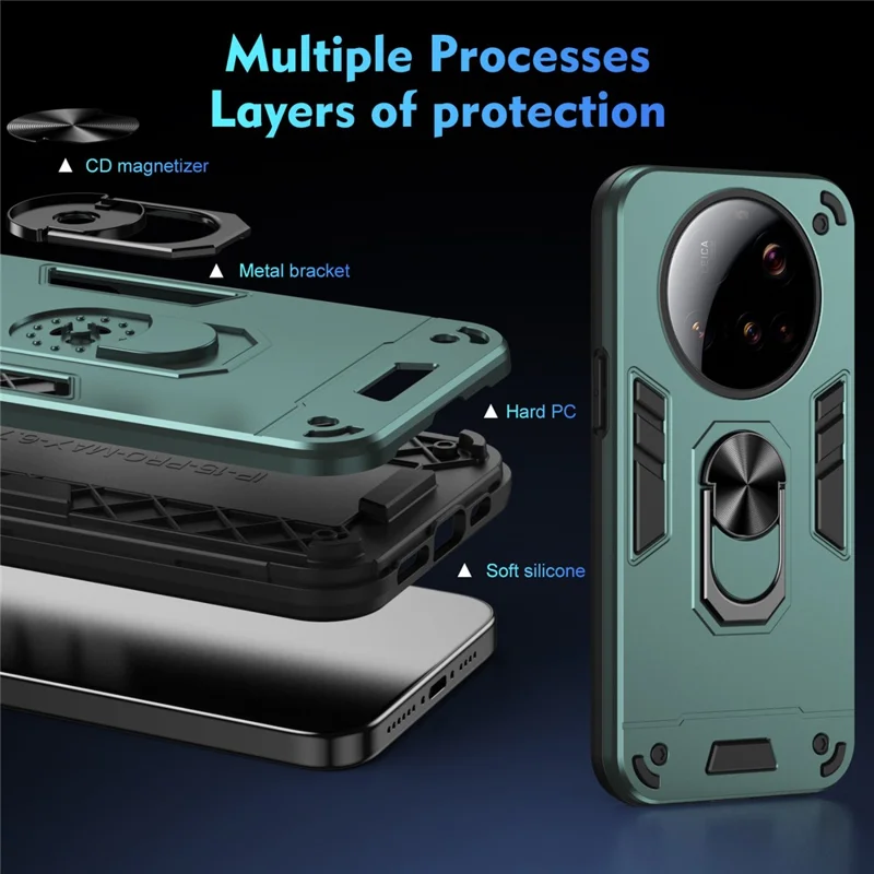 For Xiaomi 15 Ultra Case PC + TPU Drop Defend Phone Cover with Ring Kickstand - Green-Cellmalls