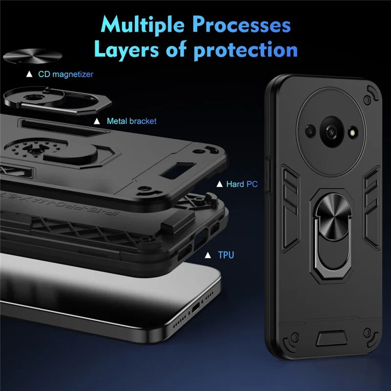 For Xiaomi Redmi A3 4G / Poco C61 4G Case Car Mount Kickstand Hybrid Hard PC Soft TPU Phone Cover - Black-Cellmalls