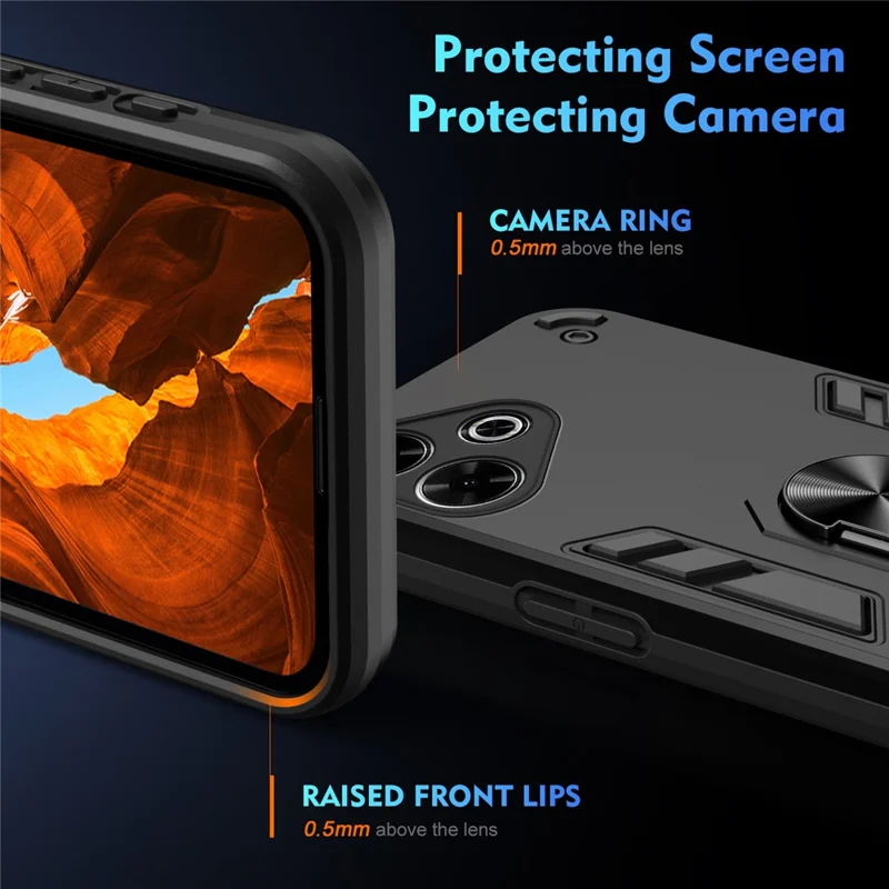 For Xiaomi Redmi 13 4G Case PC+TPU Drop Defend Phone Cover with Ring Kickstand - Black-Cellmalls