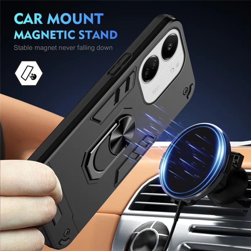 For Xiaomi Redmi 13C 5G / 13C 4G / 13R 5G / Poco C65 4G / Poco M6 5G Case PC+TPU Drop Defend Phone Cover with Ring Kickstand - Black-Cellmalls