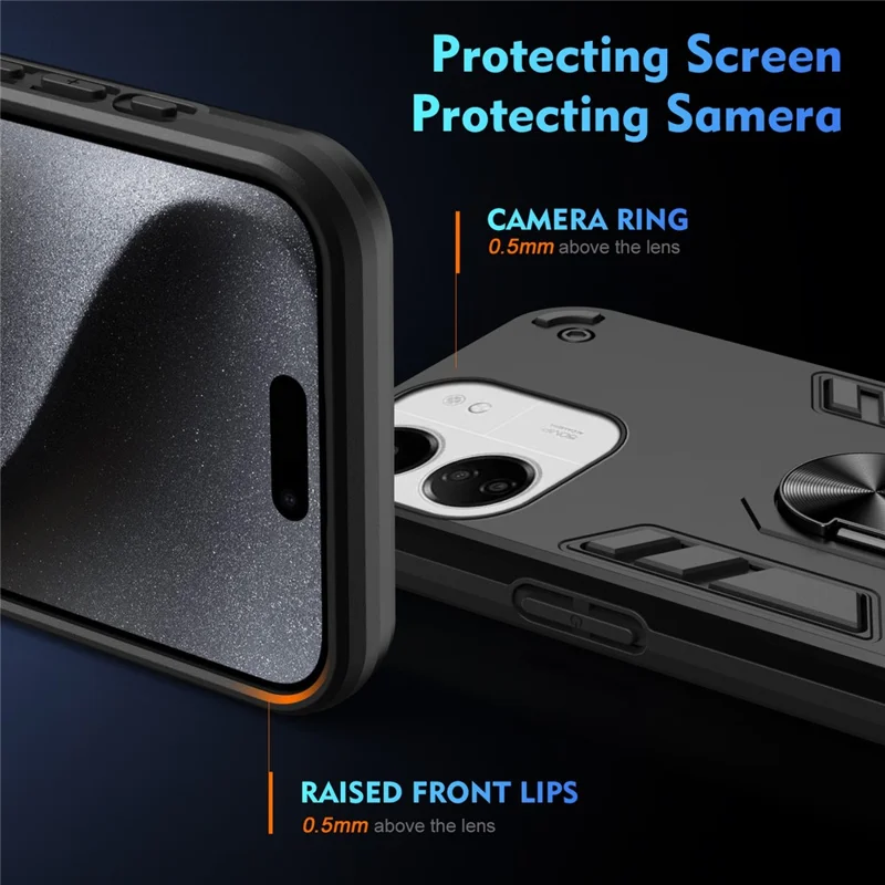 For Xiaomi Redmi 13C 5G / 13C 4G / 13R 5G / Poco C65 4G / Poco M6 5G Case PC+TPU Drop Defend Phone Cover with Ring Kickstand - Black-Cellmalls
