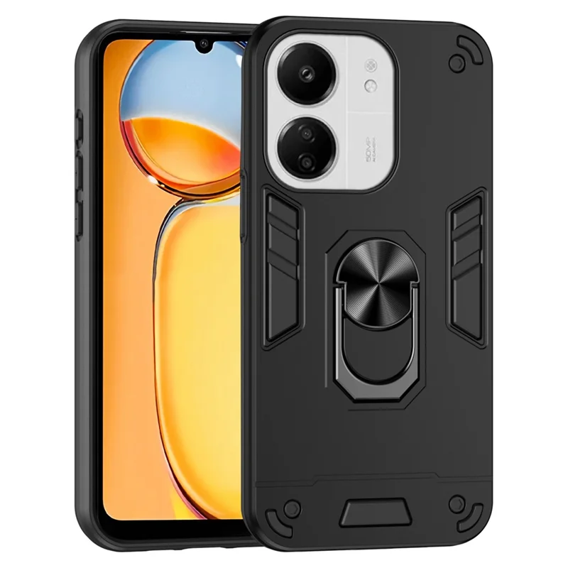For Xiaomi Redmi 13C 5G / 13C 4G / 13R 5G / Poco C65 4G / Poco M6 5G Case PC+TPU Drop Defend Phone Cover with Ring Kickstand - Black-Cellmalls