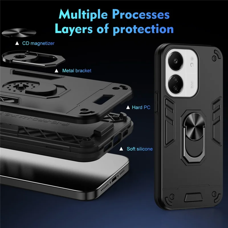 For Xiaomi Redmi 13C 5G / 13C 4G / 13R 5G / Poco C65 4G / Poco M6 5G Case PC+TPU Drop Defend Phone Cover with Ring Kickstand - Black-Cellmalls