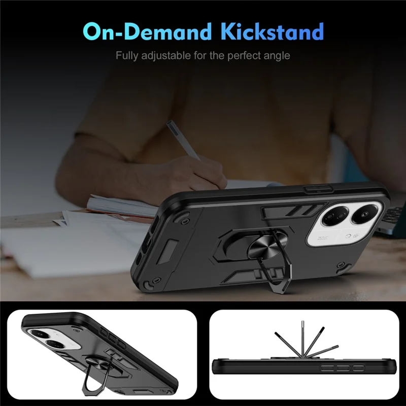 For Xiaomi Redmi 13C 5G / 13C 4G / 13R 5G / Poco C65 4G / Poco M6 5G Case PC+TPU Drop Defend Phone Cover with Ring Kickstand - Black-Cellmalls