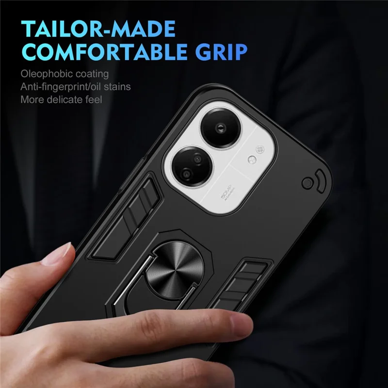 For Xiaomi Redmi 13C 5G / 13C 4G / 13R 5G / Poco C65 4G / Poco M6 5G Case PC+TPU Drop Defend Phone Cover with Ring Kickstand - Black-Cellmalls