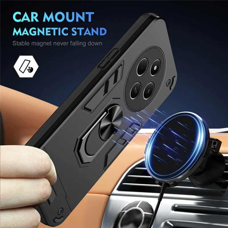 For Xiaomi Redmi 14C 4G / 14R 5G / Poco C75 4G Case PC+TPU Drop Defend Phone Cover with Ring Kickstand - Black-Cellmalls