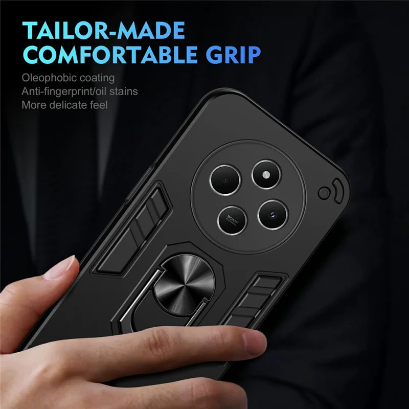For Xiaomi Redmi 14C 4G / 14R 5G / Poco C75 4G Case PC+TPU Drop Defend Phone Cover with Ring Kickstand - Black-Cellmalls