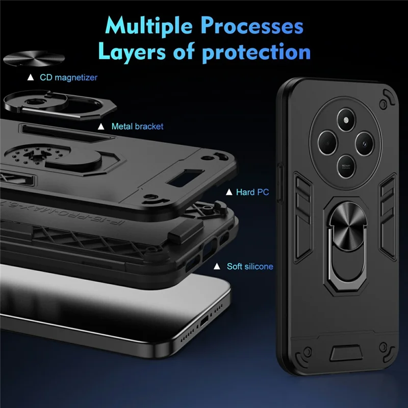 For Xiaomi Redmi 14C 4G / 14R 5G / Poco C75 4G Case PC+TPU Drop Defend Phone Cover with Ring Kickstand - Black-Cellmalls